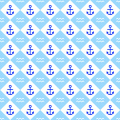 marine seamless pattern with waves and anchor