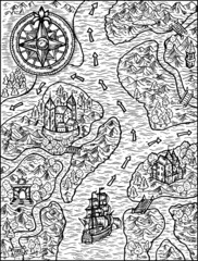 Black and white illustration of old pirate map of treasure hunt with sailing ship, compass and unknown land.