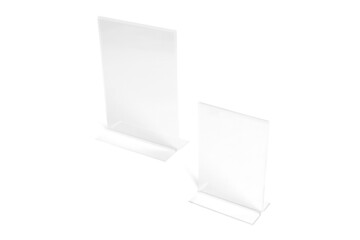 Vertical transparent desk display isolated on white background. Advertising trade stand banner. Mock Up Template. Front view. Table tent menu holder T shaped A4 or A5 format. Plastic ad plate