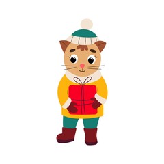 Cute cat in winter clothes with a gift in his hands. Vector illustration in flat style. Isolate.