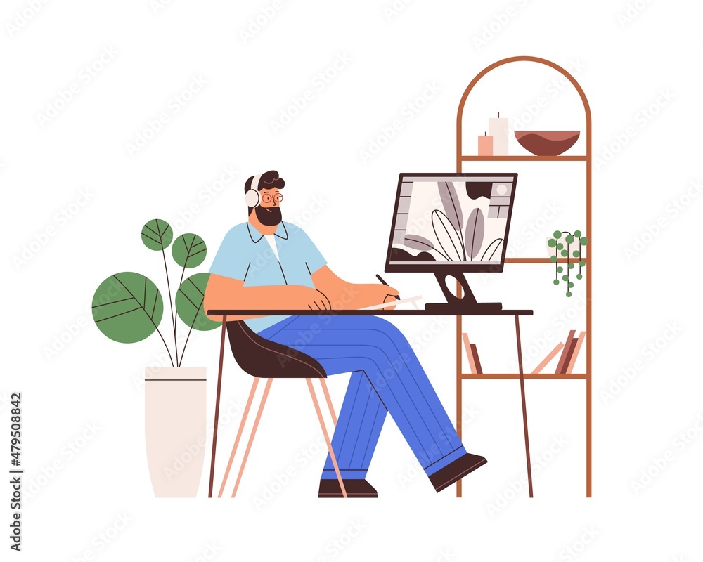 Aufkleber Graphic designer work at desk with computer and tablet. Digital design artist drawing with stylus. Creator at workplace. Flat vector illustration of man illustrator isolated on white background
