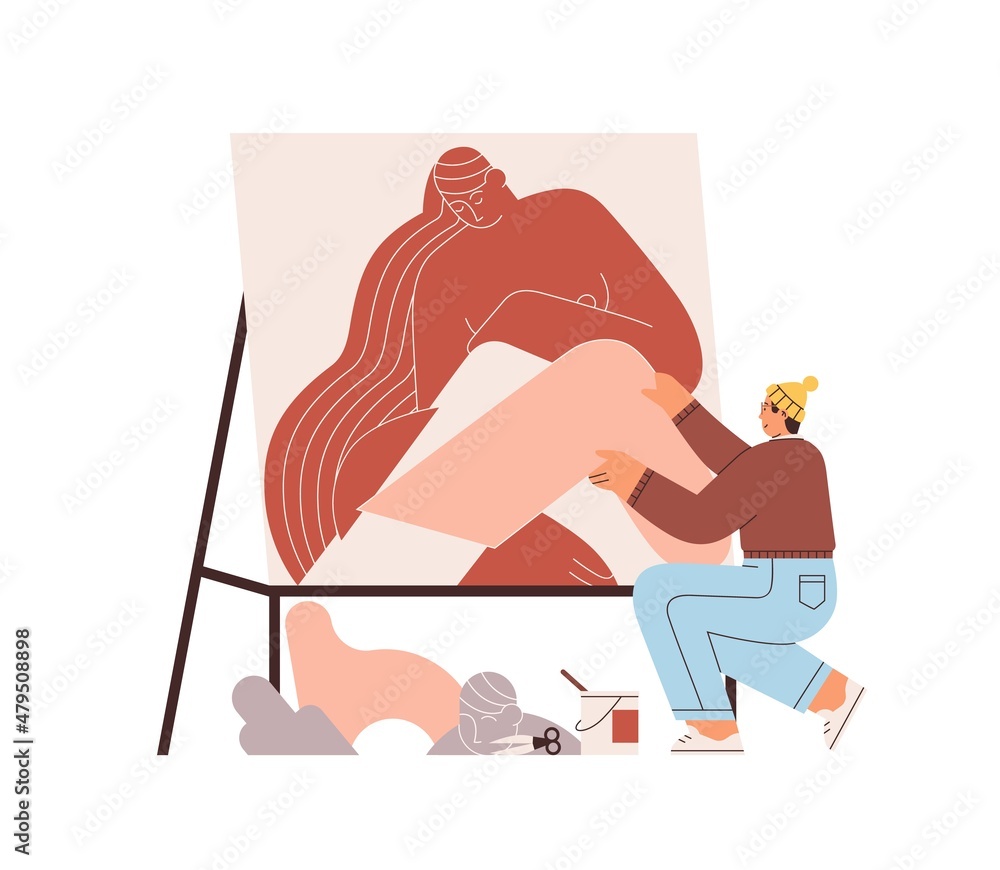 Poster Artist making collage picture, composing it with papers and scissors. Person creating artwork on canvas. Modern creator during craft process. Flat vector illustration isolated on white background
