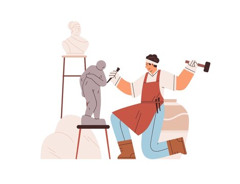 Sculptor with hammer and chisel, making stone statue. Craftsman sculpting in workshop. Artisan man in apron during creative process. Flat graphic vector illustration isolated on white background