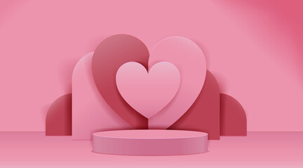 Valentine's Day Concept. Paper cut style heart shape. Podium design