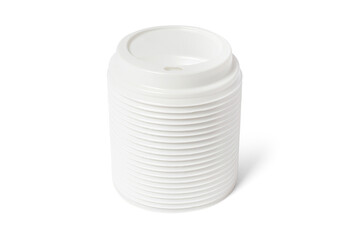 Plastic disposable top coffee cap lid isolated on white. Blank white disposable coffee cup lid mock...