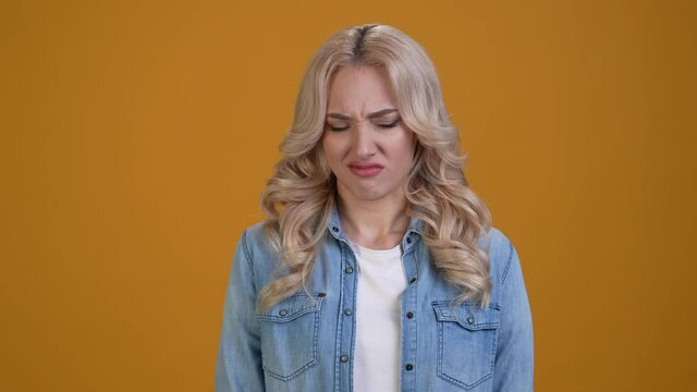 Lady not like disgust shake head isolated vibrant color background