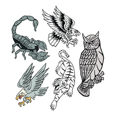 collection of animal tattoo images, hand drawn style, premium vector illustrations