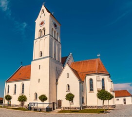 Fototapeta na wymiar High resolution stitched panorama of a beautiful church on a sunny summer day at Jaegerwirth, Bavaria, Germany