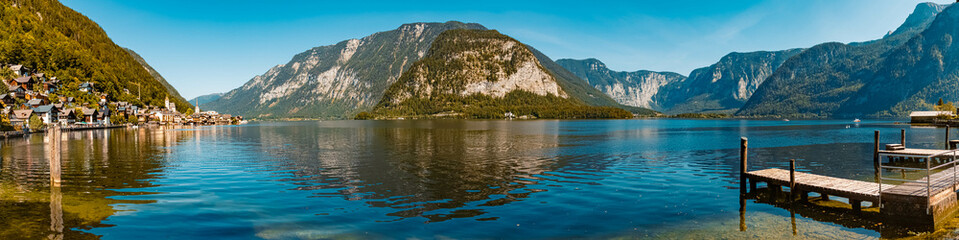 High resolution stitched panorama with reflections at the famous Hallstaetter See lake, Hallstatt, Upper Austria, Austria