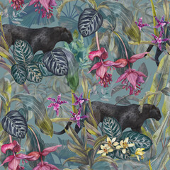 Tropical leaves, bananas, panther and orchid. Seamless vintage pattern. Wallpapers with tropical flowers and leaves