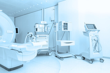 Technologically advanced equipment in CT or MRI Scan room. Modern hospital laboratory. Interior of radiography department. Magnetic resonance diagnostics machine