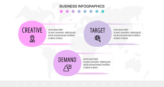 Vector hand-drawn infographics with 3 circles and labels. Modern concept graphic process template with three steps and symbols. Sketch timeline for business project on white background