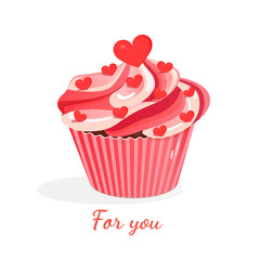 Sweet pink cupcake with hearts. Vector illustration of cupcake icon for postcard, textile, decor, poster, banner. Greeting card for Valentine's Day and other holidays.