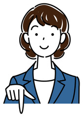 笑顔で下の方向を指差しているスーツ姿の可愛い女性 ビジネスパーソン イラスト ベクター