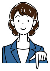 笑顔で下の方向を指差しているスーツ姿の可愛い女性 ビジネスパーソン イラスト ベクター