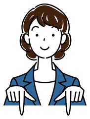 笑顔で下の方向を指差しているスーツ姿の可愛い女性 ビジネスパーソン イラスト ベクター