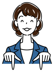 笑顔で下の方向を指差しているスーツ姿の可愛い女性 ビジネスパーソン イラスト ベクター