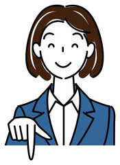 笑顔で下の方向を指差しているスーツ姿の可愛い女性 ビジネスパーソン イラスト ベクター