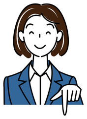 笑顔で下の方向を指差しているスーツ姿の可愛い女性 ビジネスパーソン イラスト ベクター