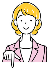 笑顔で下の方向を指差しているスーツ姿の可愛い女性 ビジネスパーソン イラスト ベクター