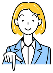 笑顔で下の方向を指差しているスーツ姿の可愛い女性 ビジネスパーソン イラスト ベクター