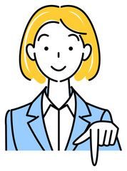 笑顔で下の方向を指差しているスーツ姿の可愛い女性 ビジネスパーソン イラスト ベクター
