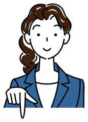 笑顔で下の方向を指差しているスーツ姿の可愛い女性 ビジネスパーソン イラスト ベクター