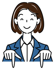 笑顔で下の方向を指差しているスーツ姿の可愛い女性 ビジネスパーソン イラスト ベクター