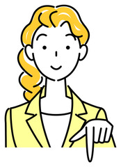 笑顔で下の方向を指差しているスーツ姿の可愛い女性 ビジネスパーソン イラスト ベクター