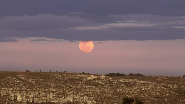 Rise of a full glowing red moon with clouds above the horizon of the earth. Beautiful evening landscape of a round big moon in the countryside.
