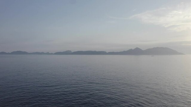 Misty Landscape At Islas Cies, Galicia, Spain - aerial drone shot
