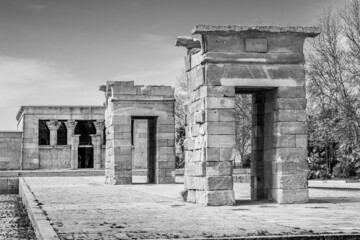 Temple of Debod. Building of ancient Egypt currently located in the Spanish city of Madrid. Black and white.