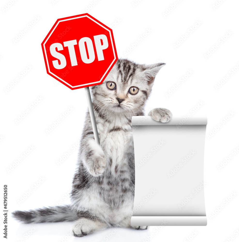 Aufkleber cat holds stop sign and shows empty list. isolated on white background