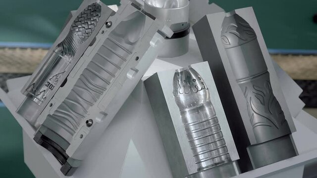 Industrial die for the manufacture of plastic bottles by injection blow moulding (injection stretch blow moulding, ISBM). Shot in motion. Closeup