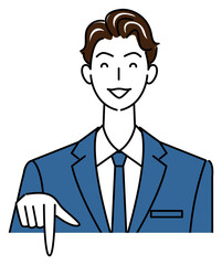 笑顔で下の方向を指差しているスーツ姿の可愛い男性 ビジネスパーソン イラスト ベクター
