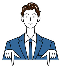 笑顔で下の方向を指差しているスーツ姿の可愛い男性 ビジネスパーソン イラスト ベクター
A cute guy in a suit smiling and pointing in the direction below. Business person illustration vector