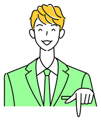 笑顔で下の方向を指差しているスーツ姿の可愛い男性 ビジネスパーソン イラスト ベクター
A cute guy in a suit smiling and pointing in the direction below. Business person illustration vector