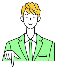 笑顔で下の方向を指差しているスーツ姿の可愛い男性 ビジネスパーソン イラスト ベクター
A cute guy in a suit smiling and pointing in the direction below. Business person illustration vector