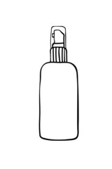 Vector black contour of bottle with dispenser, cosmetic spray, bottle, sanitizer in doodle style. Clip art on theme beauty cleansing, care, protection against germs