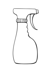 Vector black contour of sprayer, plastic bottle pulverizer in doodle style. Clip art on theme cleansing, housework and watering plants, tool for gardening and cleaning, protection against germs