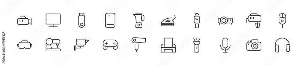 Poster set of simple device line icons.