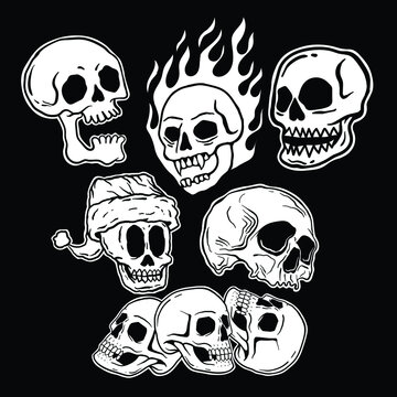 black and white skull image collection, hand drawn style, premium vector illustration