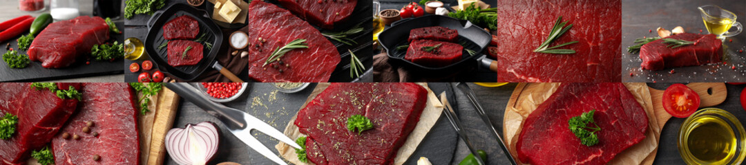 Photo collage of tasty raw beef steak