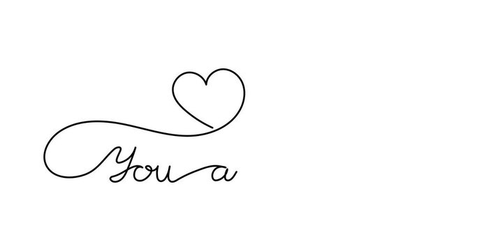 Animated illustration. Continuous One Line script cursive text you and me. Hand-drawn minimalist style. 4K video