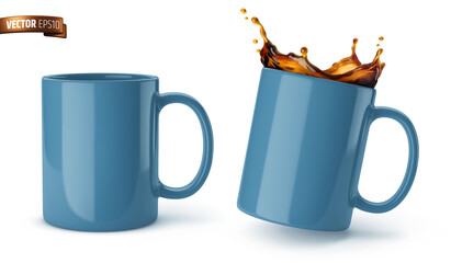 Vector realistic illustration of blue ceramic mugs on a white background.