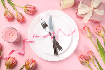 Eight march concept on pink background, top view