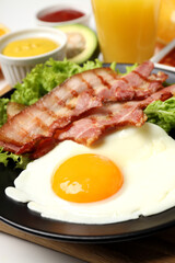 Concept of tasty breakfast, close up and selective focus