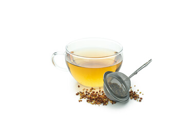 Concept of hot drink with buckwheat tea isolated on white background