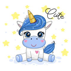 Cute Cartoon Unicorn on a star background. Good for greeting cards, invitations, decoration, Print for Baby Shower etc. - 479517050