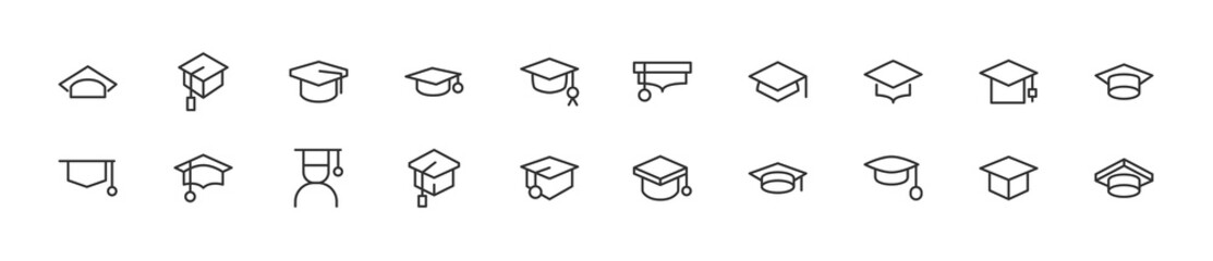 Set of simple graduation hat line icons.